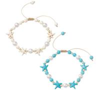 PONABEADIY 1 Box 2PCS Blue White Turquoise Bead Bracelet Shell Pearl Starfish Beads Adjustable Boho Ocean Hawaii Beach Jewellery Anklets Bracelets for Women Adult Summer Wedding Supply