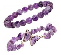 PONABEADIY 1 Box 2PCS Purple Butterfly Amethyst Bracelet with Velvet Pouches Natural Crystal Anxiety Gemstone Chips Charms Beaded Stretch Layered Bracelets for Jewellery Making Women Birthday Gifts
