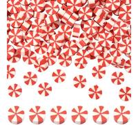 PONABEADIY 1 Box 300PCS Christmas Candy Beads with Hole Winter Handmade Polymer Clay Red White Flat Round Disc Ornaments Loose Spacer Bead Bulk for Xmas Home Candy Party Holiday Decoration Diy Supply