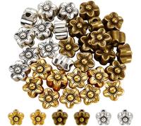 PONABEADIY 1 Box 36PCS 12MM Gold Silver Tibetan 3D Flower Beads with 3.5MM Holes Metal Floral Alloy Antique Retro Spacer Alloy Charms Loose Bead for Jewellery Making Bracelet Necklace Diy Craft Supply