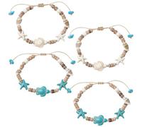PONABEADIY 1 Box 4PCS Blue White Turquoise Bead Bracelet Coconut Turtle Starfish Beads Adjustable Boho Ocean Hawaii Beach Jewellery Anklets Bracelets for Women Adult Summer Wedding Supply