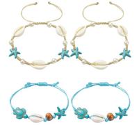 PONABEADIY 1 Box 4PCS Blue White Turquoise Bead Bracelet Seashell Turtle Starfish Beads Adjustable Boho Ocean Hawaii Beach Jewellery Anklets Bracelets for Women Adult Summer Wedding Holiday Supply
