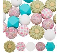 PONABEADIY 1 Box 5 Styles 30PCS Silicone Focal Beads with Hole colourful Daisy Flower Hexagon Round Assorted Soft Charms Loose Spacer Bead Bulk for Jewellery Making Bracelets Necklaces Diy Crafts