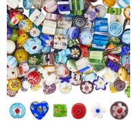 PONABEADIY 1 Box 6 Styles 180PCS Mixed colour Millefiori Lampwork Glass Beads with Holes Assorted Flower Heart Flat Round Shape Cube Loose Charms Bead for Jewellery Making Bracelets Diy Craft Supply