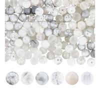 PONABEADIY 1 Box 6 Styles 300PCS 8MM 9MM Assorted White Clear Glass Beads with Holes Ink Pattern Crackle Frosted Round Loose Charms Bead Bulk for Jewellery Making Bracelets Necklaces Diy Craft Supply