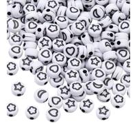 PONABEADIY 1 Box 600PCS 7x4mm White Acrylic Star Moon Heart Flower Beads with Hole Flat Round Coin Pony Black Pattern Loose Spacer Bead for Jewellery Making Friendship Bracelets Necklace DIY Crafts