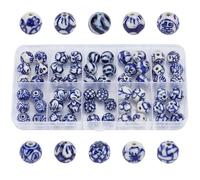 PONABEADIY 1 Box 60pcs 10 Styles Blue White Porcelain Beads Round Handmade Flower Printed Chinese Style Decal Ceramic Loose Spacer Ball Bead Charm Bulk for Jewellery Making Bracelets Diy Craft Supply