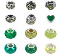 PONABEADIY 1 Box 60PCS 12 Styles Assorted Green European Bead With Large Hole Metal Alloy Resin Rhinestone Enamel Spacer Loose Beads Bulk for Jewellery Making Bracelet Necklace Earrings Diy Craft