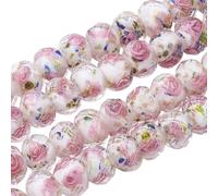 PONABEADIY 1 Box 60PCS Pink Flower Lampwork Glass Beads Strand with Hole Handmade Gold Sand Rondelle Faceted Rose Floral Spacer Loose Bead Bulk for Jewellery Making Necklace Bracelets DIY Craft Supply