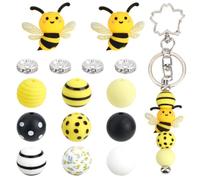 PONABEADIY 1 Box 65pcs 11 Styles Bee Theme Silicone Beads Yellow Black Cute Bees Round Ball Kawaii Animal Honey Focal Loose Spacer Bead for Jewellery Making Keychain Necklace Spring DIY Craft Supply
