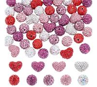 PONABEADIY 1 Box 68PCS Valentine Heart Round Beads with Hole Love Romantic Rhinestone Clay Red Pink White Sparkle Disco Ball Loose Bead Bulk for Jewellery Making Necklace Bracelet Diy Craft Supply