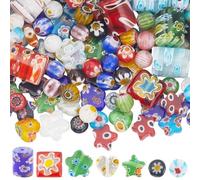 PONABEADIY 1 Box 7 Styles 170PCS Lampwork Glass Beads with Hole Handmade Millefiori colourful Flower Round Flat Heart Star Square Column Loose Spacer Bead for Jewellery Making Necklace Bracelet Diy
