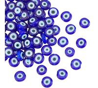 PONABEADIY 1 Box 76pcs 10MM Evil Eye Lampwork Flat Round Spacer Beads with Holes Blue Handmade Turkish Glass Lucky Charms Loose Bead Bulk for Jewellery Making Bracelets Necklace Diy Crafts Supply
