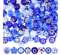 PONABEADIY 1 Box 8 Styles 160pcs Blue Lampwork Beads Glass with Hole Handmade Millefiori Flower Heart Evil Eye Flat Round Charms Loose Spacer Bead Bulk for Jewellery Making Diy Bracelet Necklace Craft