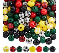PONABEADIY 1 Box 8 Styles 200PCS Christmas Wood Beads with Hole Natural Wooden Round Plaid Checkered Red Green Colorful Charms Loose Spacer Bead for Jewellery Making Garland Tree Decor Crafts Supply