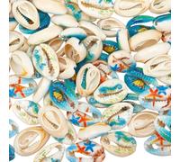 PONABEADIY 1 Box 80PCS coloured Natural Cowrie Shell Marine Life Starfish Printed Pattern Summer Beach Theme Sea Ocean Shells Loose Bead for Jewellery Making Dress Decor Necklaces Diy Craft Supplies