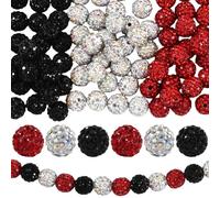 PONABEADIY 1 Box 90PCS 10MM Red Black Silver Rhinestone Round Beads with Holes Disco Ball Diamond Crystal Sparkle Clay Pave Spacer Shiny Loose Bead Bulk for Jewellery Making Decorations Diy Craft