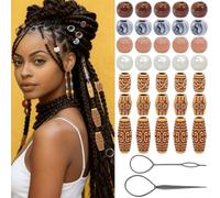 PONABEADIY 1 Box 90PCS Acrylic Wood Hair Beads Kit with Hairs Braiding Tool Large Hole Wooden Assorted Round Plastic Loc Dreadlock Vintage Spacer Loose Bead for Jewellery Making Bracelet Diy Crafts