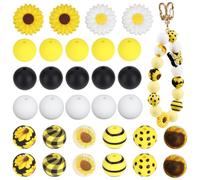 PONABEADIY 1 Box 94pcs 11 Styles Bee Theme Silicone Beads Round Black and Yellow Spring Flat Flower Dots Focal Loose Spacer Bead Charm Bulk for Jewellery Making Keychain Necklace Spring Diy Craft