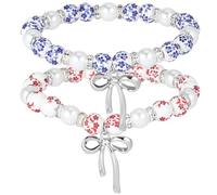 PONABEADIY 1 Box Bowknot Porcelain Bracelets Blue Pink White Flower Printed Handmade Vintage Ceramic Brass Bow Glass Pearl Charm Beaded Stretch Bracelet for Women Men Party Gift Fashion Accessories