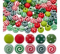 PONABEADIY 10 Styles 100PCS Christmas Candy Wooden Beads with Large Hole Natural Wood Xmas Striped Dotted Santa Macrame Loose Spacer Bead Bulk for Jewellery Making Bracelets Party Decor DIY Crafts