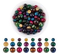 PONABEADIY 100PCS Natural Tiger Eye Stone Beads with Hole Round Energy Gemstone Pink Blue Green Smooth Polished Loose Spacer Bead Bulk for Jewellery Making Earrings Bracelets Necklaces DIY Crafts