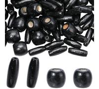 PONABEADIY 2 Styles 200PCS Natural Black Wooden Beads with Hole Oval Barrel Wood Handmade Dyed Macrame European Charms Loose Bead for Jewellery making bracelets necklaces hair beard diy crafts supply
