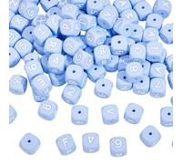 PONABEADIY 36 Styles 108PCS Blue Silicone Letter Numbers Beads with Hole Cube A-Z Alphabet Dice Square Shaped Loose Spacer Bead Bulk for Jewellery Making Bracelets Necklace Keychains Diy Crafts Supply