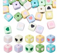 PONABEADIY 40PCS Heart Cube Beads with Hole Pastel Acrylic Enamel Square UV Plating Valentines Love Charms Loose Spacer Bead Bulk for Jewellery Making Keychain Bracelets Necklace DIY Crafts Supply