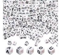 PONABEADIY 6MM 1000PCS Cube Letter Beads with Hole Acrylic Alphabet Vowel A E I O U Square White Black Resin Loose Spacer Bead for Jewellery Making Keychains Friendship Bracelets Diy Crafts Supply