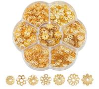 PONABEADIY 7 Styles 800PCS Golden Flower Bead Caps with Hole Iron Assorted Hollow Multi Petal Metal Finding Ends Loose Spacer Beads Cap Bulk for Jewellery Making Bracelets Necklaces Diy Crafts Supply