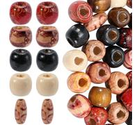 PONABEADIY 70PCS 12x11mm Natural Printed Wooden Beads Macrame Large Hole Wood Drum Barrel Rondelle Various Pattern Vintage Spacer Loose Bead for Jewellery Making Bracelets Hair Braid Decor DIY Crafts
