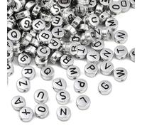 PONABEADIY 7MM 1000PCS Acrylic Letter Pony Beads with Hole Flat Round Assorted Alphabet Silver Resin Opaque Charms Loose Spacer Hair Bead Bulk for Jewellery Making Bracelet Earrings Diy Crafts Supply