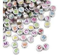 PONABEADIY 7MM 1000PCS Letter Acrylic Beads with Holes Flat Round Sliver Opaque Assorted colourful Alphabet Plastic Loose Spacer Bead Bulk for Jewellery Making Bracelet Necklace Earring Diy Craft