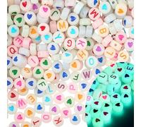 PONABEADIY 7MM 1400PCS Glowing Letter Beads with Hole Luminous Acrylic Flat Round Heart Alphabet Resin Glow in the Dark colourful Loose Bead for Jewellery Making Bracelets Necklace Diy Crafts Supplies