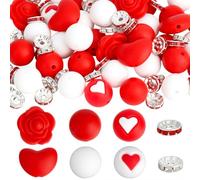 PONABEADIY 8 Styles 100PCS Valentine Beads Kit Round Heart Rose Flower Shaped Red White with Sparkly Silver Rhinestone Spacer Loose Bead Bulk for Jewellery Making Bracelets Necklace Earrings DIY Craft