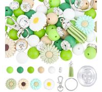 PONABEADIY 86PCS Silicone Beads for Keychain Making Kit Green White Round Daisy Sunflower with Elastic Cord Tassels Rhinestone Spacer Bead for Jewellery Bracelets Beadable Pens Keychains DIY Crafts