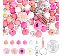 PONABEADIY 86PCS Silicone Beads for Keychain Making Kit Hot Pink White Round Daisy Sunflower with Elastic Cord Tassels Rhinestone Spacer Bead for Jewellery Bracelets Beadable Pens Keychains DIY Crafts