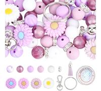 PONABEADIY 86PCS Silicone Beads for Keychain Making Kit Purple White Round Daisy Sunflower with Elastic Cord Tassels Rhinestone Spacer Bead for Jewellery Bracelets Beadable Pens Keychains DIY Crafts