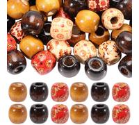 PONABEADIY 90PCS Natural Large Hole Wood Beads Painted Wooden Rondelle Barrel Assorted Various Pattern Macrame Loose Spacer Bead Bulk for Jewellery Making Bracelets Hair Braid Decor DIY Crafts Supply