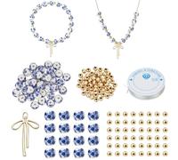 PONABEADIY 94PCS Procelain Ceramic Beads Kit with Elastic Crystal Thread Charms Set Golden Bow Charm 18K Gold Plated CCB Spacer Loose Bead for Jewellery Making Woman Bracelet Necklace DIY Crafts