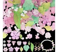 PONABEADIY About 767PCS Spring Leaf Flower Beads Kit Pink Green Cute Leaves Lily Flowers Round Glass Pearl Finding Kits Spacer Bead Bulk for Jewellery Making Bracelets Keychains Phone Chains DIY Craft