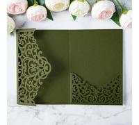 PONATIA 20PCS Olive Green Laser Cut Wedding Invitations Pockets, Tri-fold 5x7 Laser Cut Invitation Pockets for Wedding Bridal Shower Quinceanera 15 Anos Invite (No Envelopes & Inner Sheets)