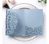 PONATIA 5.12 x 7.2 Dusty Blue Laser Cut Invitation Pocket, 20PCS Tri-Fold 5 x 7 Laser Cut Wedding Invitation Pockets with Envelopes for Wedding Bbay Shower Birthday Sweet 16 Invite (No Inner Sheet)