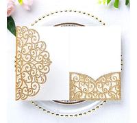ponatia 5.12 x 7.2 Laser Cut Invitation Pocket, 20PCS Tri-Fold 5 x 7 Laser Cut Wedding Invitation Pockets with Envelopes for Wedding Bbay Shower Birthday Invite (Gold Glitter, No Inner Sheet)