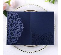 PONATIA 5.12 x 7.2 Laser Cut Invitation Pocket, 20PCS Tri-Fold 5 x 7 Laser Cut Wedding Invitation Pockets with Envelopes for Wedding Bbay Shower Birthday Sweet 16 Invite (Navy Blue, No Inner Sheet)