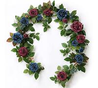 PONATIA 5FT Handcrafted Artificial Rose Flower Garland, Burgundy & Navy Flower Garland for Wedding Ceremony & Reception Decorations