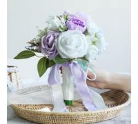 ponatia Lilac Wedding Bouquets for Bride Bridesmaid, White Wedding Artificial Roses Flowers for Wedding Bouquets Ceremony, Anniversary (Lilac & White & Ivory)