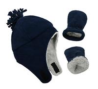 PONCEAU Baby Boys Girls Sherpa Fleece Lined Winter hat Gloves Mitten Set Infant Toddler Tropper hat Aviator hat Navy Blue/Mitten Set 1-2T