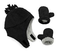 PONCEAU Baby Boys Girls Sherpa Fleece Lined Winter hat Gloves Mitten Set Infant Toddler Tropper hat Aviator hat Black/Mitten Set 3-12 Months